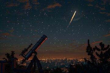 Telescope pointed at the night sky with a shooting star