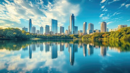 A city skyline with skyscrapers reflecting perfectly in the water, capturing the beauty of urban architecture in a serene,