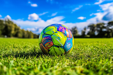 Fototapeta premium Ball on the green field in soccer stadium. Ready for game in the midfield. Soccer ball close-up.