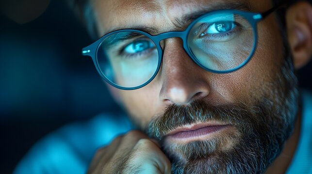 Serious thoughtful clever scientific worker wears spectacles has beard curves lower lip tries to imagine new theory or thigs how to prove new axiom Pensive unshaven man being very meti : Generative AI