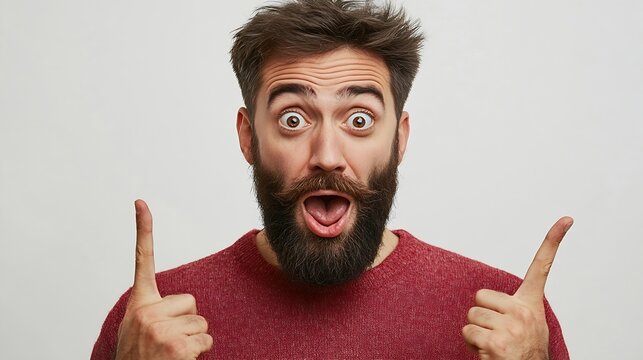 Photo of shocked bearded male looks down with great disbelief expresses surprisment and astonishment indicate with fore fingers at floor isolated over white concrete wall Caucasian man : Generative AI