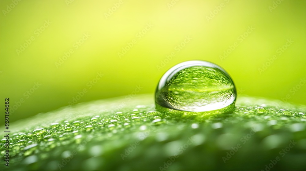 Poster A close-up of a water droplet resting on a green surface, highlighting the freshness and clarity of the natural world.