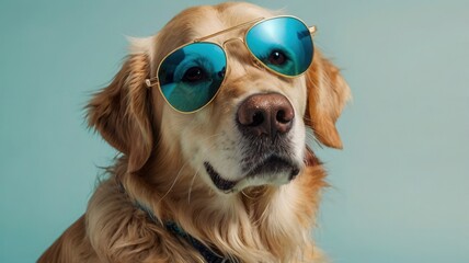 A dog wearing sunglasses and a gold collar
