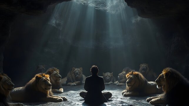 Biblical representation of Daniel in the lions' den, illustrating his unwavering faith and God's divine protection in a powerful religious scene central to Christianity's message of trust and delivera