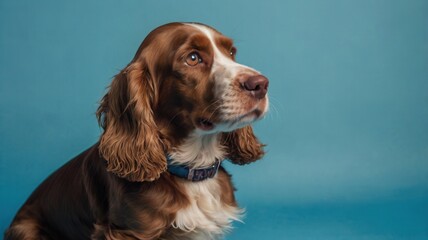 A brown and white dog with blue collar is looking at the camera