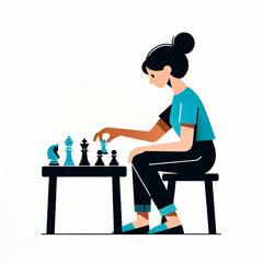 Isolated vector illustration of a young woman practicing chess on a board alone on a white background.