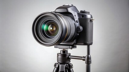 Modern digital single-lens reflex camera with interchangeable lens system and ergonomic grip, mounted on a tripod, ready for professional photography studio shoot.
