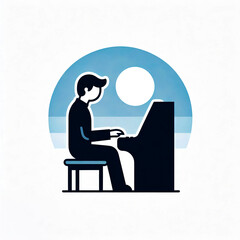Vector illustration of young man playing piano on white background, minimalist style.