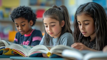 Three young students sitting at desks, reading books with focus and interest in a well-lit classroom.
