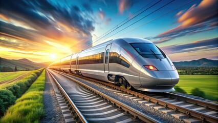 Naklejka premium Modern electric high-speed train zooms through the countryside, its sleek silver bullet shape and blazing bright headlights a blur as it hurtles towards its destination.