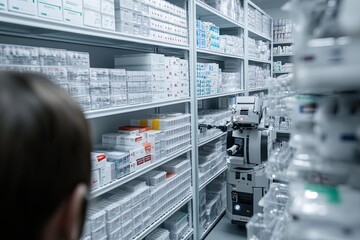 A white robot moving between shelves in a warehouse, collecting boxes.
