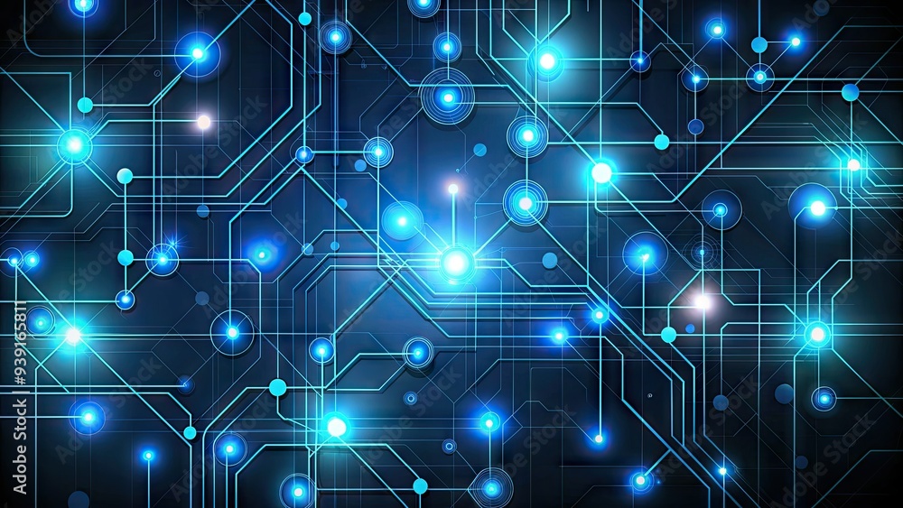 Poster modern futuristic abstract vector pattern featuring interconnected circuits, nodes, and wires on a d