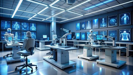 Modern futuristic medical laboratory with advanced robotic arms, microscopes, and computer screens displaying data and 3D models of human anatomy for research and analysis.