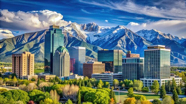 Modern glass and steel office building stands prominently in the Salt Lake City skyline, surrounded by majestic Utah mountains on a bright sunny day.