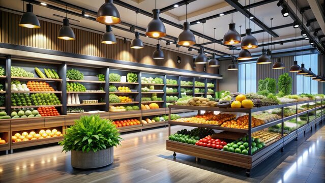 Modern grocery store interior with sleek shelving, vibrant produce displays, and sophisticated lighting fixtures creating a welcoming and upscale shopping experience.