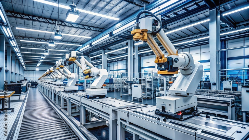 Poster modern industrial factory showcase automated robotic arm assembling electronic components with preci
