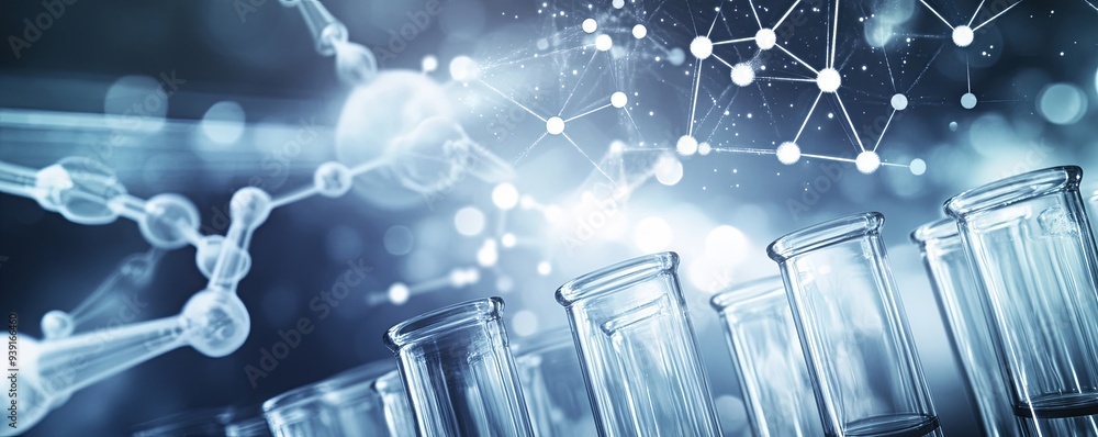Poster close-up of empty glass test tubes on a blue background with molecule structure and bokeh lights.