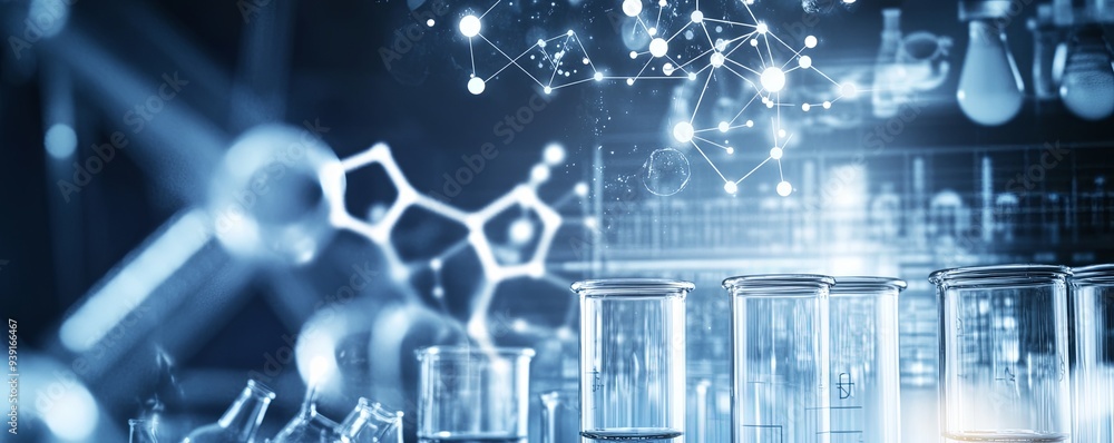 Poster empty beakers in a lab setting with a blurred background of equipment and a molecular structure.