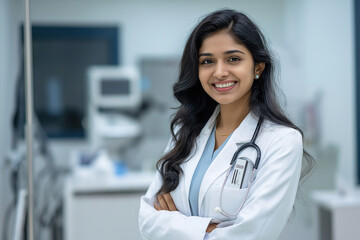 A woman in a white coat is smiling and posing for a picture