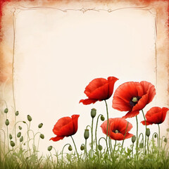 Naklejka premium Red poppies, green leaves, stems. Poppies are depicted in various stages of bloom, with some fully open and others in bud. Soft back, creating delicate romantic feel. Copy space. Postcard or layout.