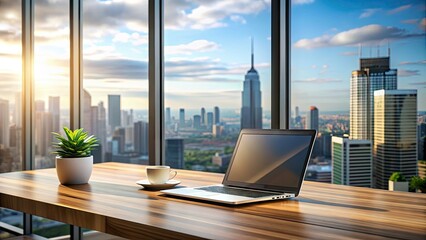 Modern laptop on a wooden desk in a quiet room with a blurred cityscape outside, symbolizing efficient remote management and flexible work arrangements.