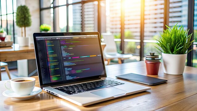 Modern laptop on desk with coding screen and colorful website design elements, surrounded by coffee cups and notes, in a bright and creative office environment.