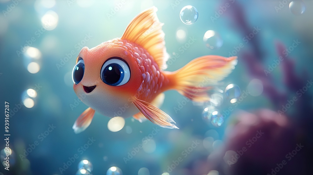 Wall mural A cute, round cartoon fish with big eyes and colorful scales, swimming through a sea of bubbles in a bright underwater world.