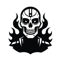 Obraz premium Vintage t-shirt design featuring a cybernetic skull, half human, half cyborg, surrounded by flames.