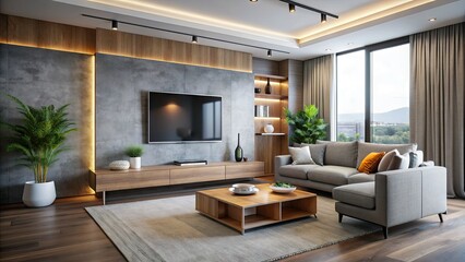 Modern living room with sleek TV screen mounted on a grey wall, surrounded by minimalist decor and soft lighting, creating a cozy and inviting atmosphere.