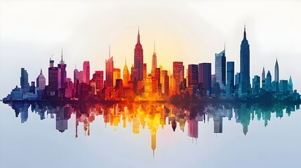 Obraz premium Dramatic Cityscape with Vibrant Skyscrapers and Sunset Reflection