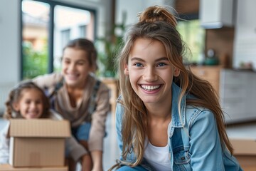 Obraz premium A cheerful young family enjoys moving day