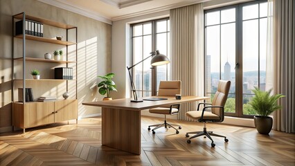 Modern minimalist office interior with wooden desk, ergonomic chair, and tall floor lamp, surrounded by cream-colored walls and large windows with natural light.