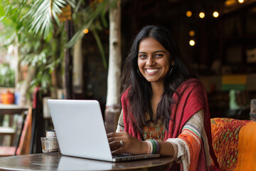 A woman is sitting at a table with a laptop in front of her
