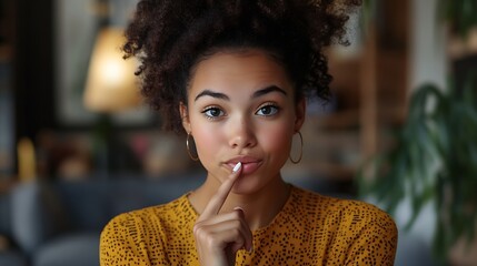 Photo of pretty ethnic woman ponders on how to answer question thinks deeply about something uses modern mobile phone tries to made up good message keeps index finger near lips stands  : Generative AI