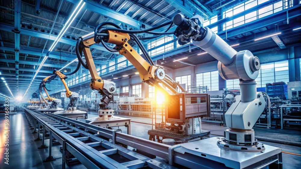 Poster modern robotic arm moves with precision in a futuristic factory, surrounded by wires, machinery, and
