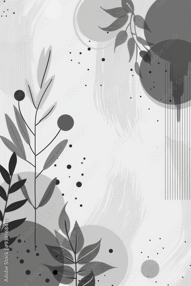 Poster a stylish monochrome design that features abstract botanical elements alongside circular shapes in h