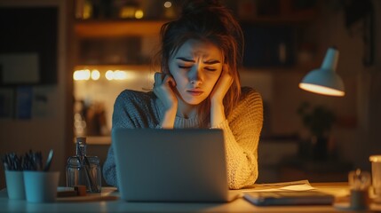 Portrait of worried young single mother feeling stressed while working through finances in kitchen late at night thinking how to pay off debts for rent and domestic bills Financial pro : Generative AI
