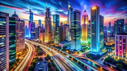 modern skyscrapers, bustling streets, and colorful neon lights illuminate the urban landscape, radiating energy and sophistication.