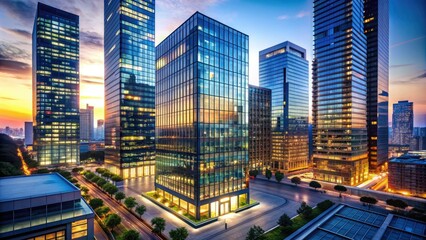 Obraz premium Modern skyscraper exterior with sleek glass facade and vibrant LED lights illuminating the cityscape at dusk, casting a warm glow on the urban landscape.