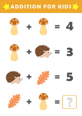 Fun Math Logic Puzzles for Kids. Math Game with Cute Autumn Pictures. Math Activities for Children. Addition for Kids.