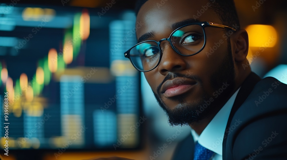 Poster professional male economist searches needed information on portable computer happy to recieve high n