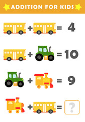 Fun Math Logic Puzzles for Kids. Math Game with Cute Vehicle Pictures. Math Activities for Children. Addition for Kids.