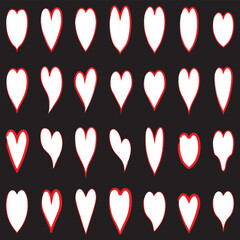 Grunge white vector hand drawn hearts doodles collection.  isolated on black  background. Vector Illustration. EPS 10