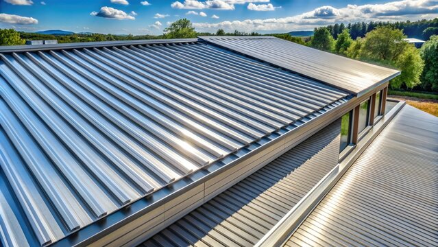 Modern standing seam metal roof with sleek, silver corrugated panels glinting in sunlight, providing durable and weather-tight protection for a contemporary building structure.