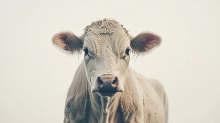 A detailed shot of a cow on a white background, emphasizing its natural form in a minimalistic setting.