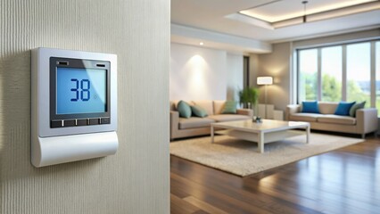 Modern thermostat on a wall with a blurred HVAC system unit in the background, symbolizing efficient temperature control and comfort in a clean home.