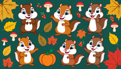 sticker set, different cute funny chipmunks