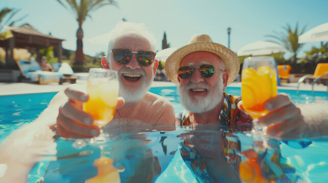 Two old gray-haired happy men are swimming in the pool with glasses of orange juice in their hands. A gay couple are smiling and enjoying their vacation at the resort
