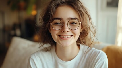 Relaxed carefree smiling young woman wearing white tshirt and glasses having positive cheerful expression on her face rejoicing at her leisure time spending day at home Horizontal stud : Generative AI