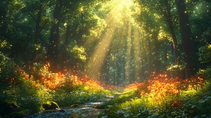 Obraz premium Magical Sunlight Beams Shining Through Lush Foliage in Enchanting Forest Landscape